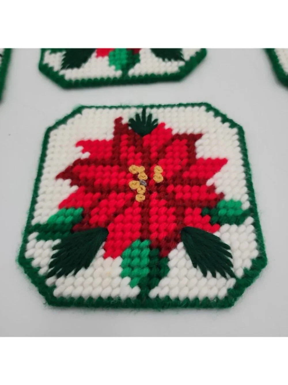 Vintage Cross Stitch Coaster Set Christmas Poinsettia  Set 6 Handmade W/storage